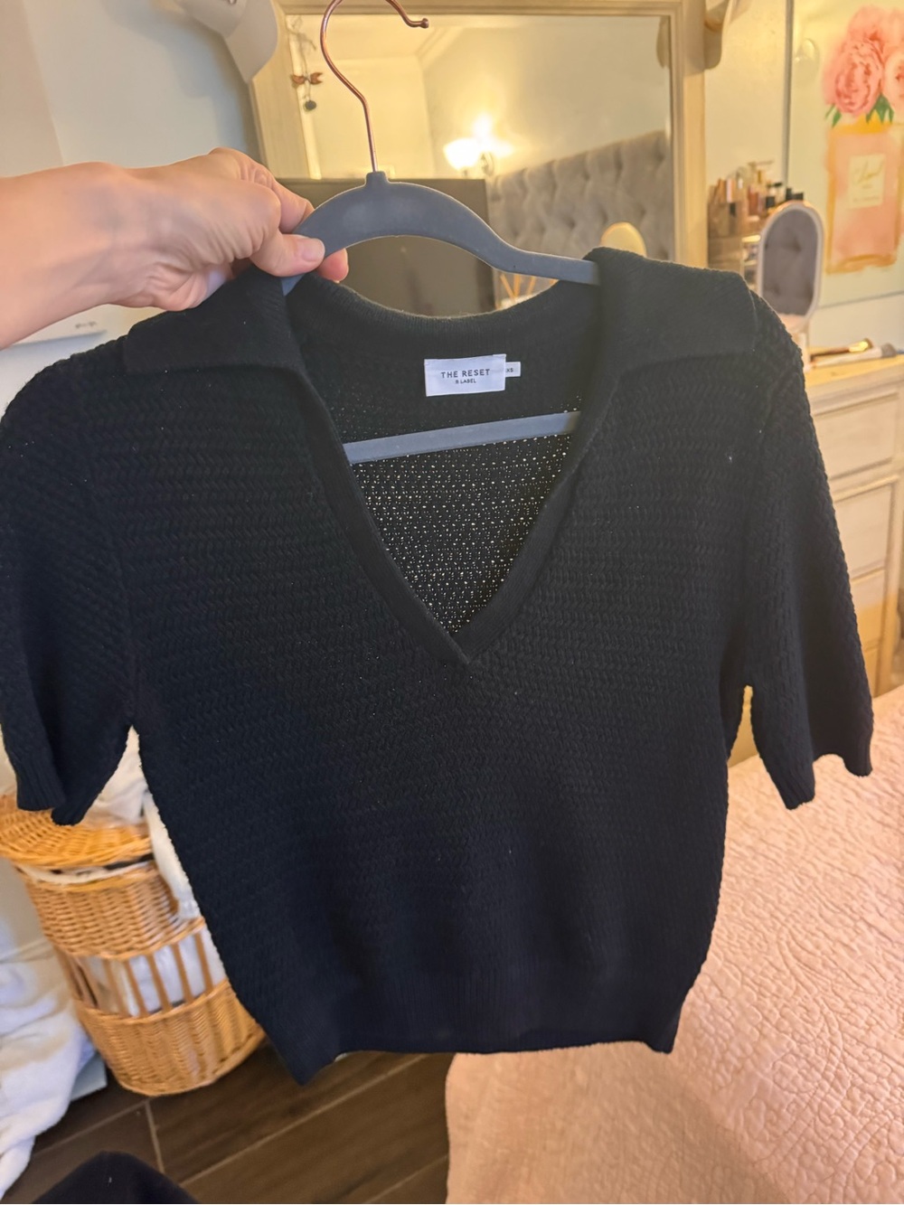 The Reset Black Short-Sleeve V-Neck Collared Knit Sweater